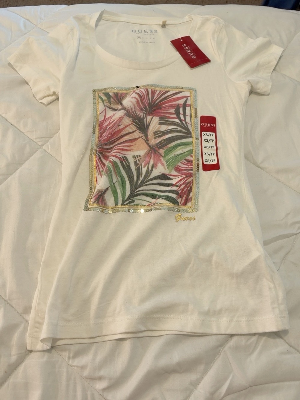 GUESS White Short Sleeve Tee with Tropical Sequin Panel